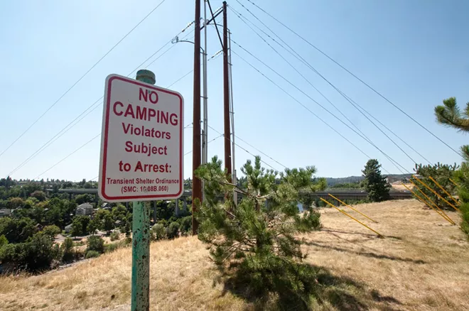 The new law is an improvement over the previous transient shelter ordinance (noted on the sign), according to Councilman Breean Beggs. - DANIEL WALTERS PHOTO