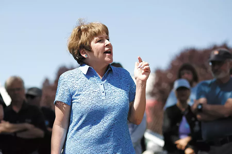 Lisa Brown addresses supporters before a campaign canvassing event on May 12. - YOUNG KWAK
