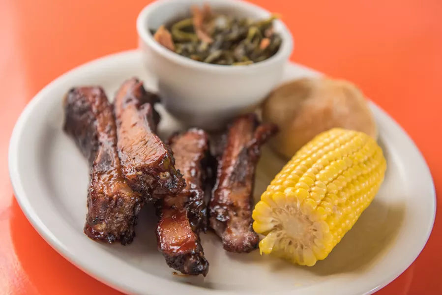 Ribs, corn, collard greens and a biscuit at Fresh Soul. - ERICK DOXEY PHOTO