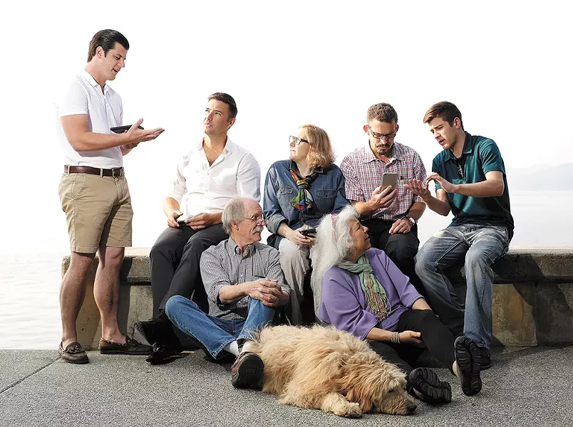 Front: Gizmo CDA founders Marty and Barbara Mueller and their dog, Hobbs; back (from left) Lamplight Heritage owner Tyler Lowe, NIC's Ryan Arnold, Art Spirit Gallery's Blair Williams, UI's Charles Buck and VR CDA owner Colton Hoffman. - YOUNG KWAK
