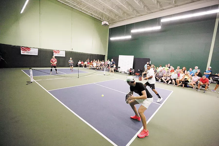Selkirk Sport team member Kyle Thieme hits the ball during a doubles demonstration at North Park. - YOUNG KWAK