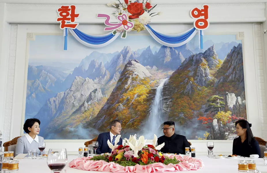 President Moon Jae-in of South Korea and North Korea’s leader, Kim Jong-un, during a luncheon in Pyongyang, North Korea, Sept. 19, 2018. On the second day of his summit meeting with Moon, Kim signed a series of agreements aimed at easing tensions between the two countries, like stopping military exercises and creating no-fly zones near their shared border. - PYEONGYANG PRESS CORPS/POOL VIA THE NEW YORK TIMES