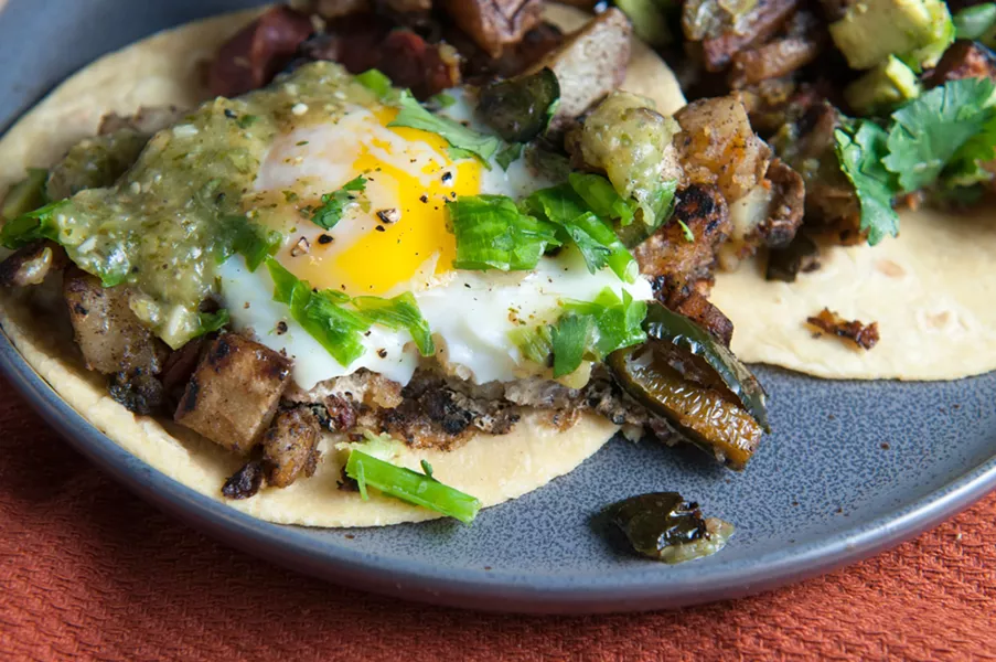 Avocado poblano chorizo huevo potato tacos - DANIEL WALTERS PHOTO