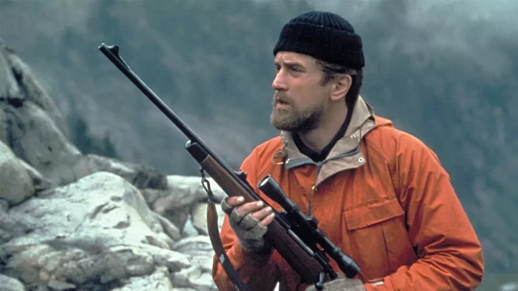 Robert De Niro in Deer Hunter on set in Washington state, near Mount Baker.