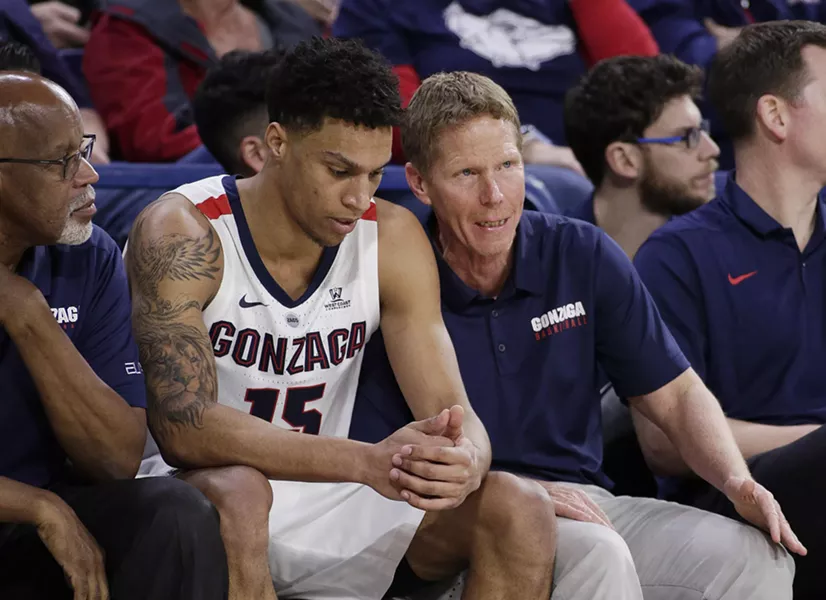 Gonzaga head coach Mark Few, right, speaks with forward Brandon Clarke. - YOUNG KWAK