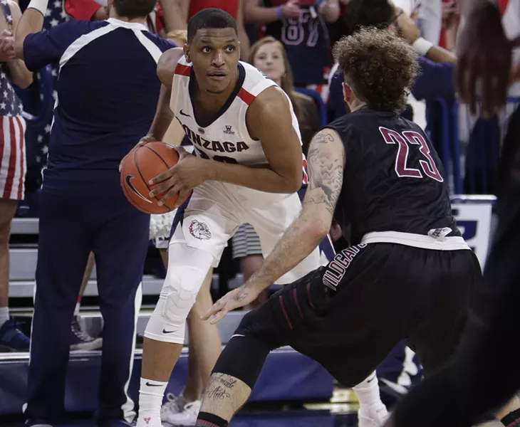 Gonzaga guard Zach Norvell Jr., left, looks to pass while defended by Central Washington guard Malik Montoya (23) during the first half of an NCAA college basketball exhibition game in Spokane, on Nov. 1. - YOUNG KWAK