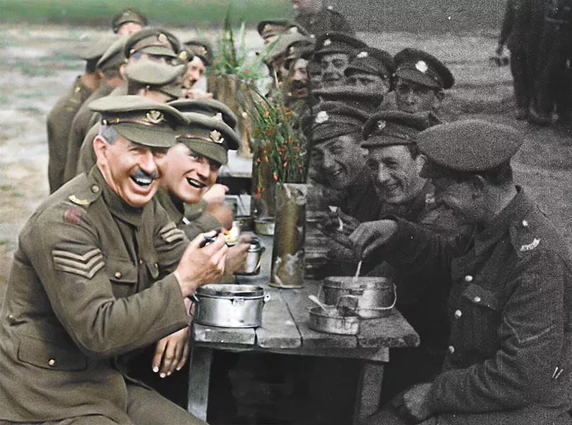 A before and after image showing the original film on the right and the restored, colorized image on the left.