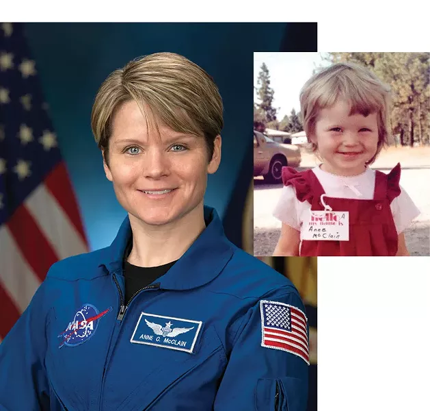 Anne McClain on her first day of preschool (right), when she announced she wanted to be an astronaut; and as a NASA astronaut. - COURTESY OF CHARLOTTE LAMP