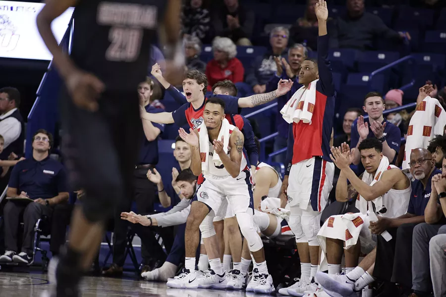 The Gonzaga bench celebrates during a game earlier this season. - YOUNG KWAK PHOTO
