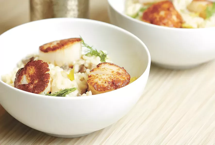 Scallops with mushroom leek risotto. - YOUNG KWAK PHOTO