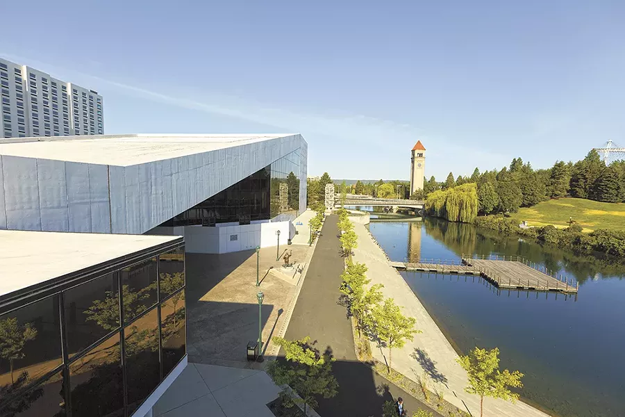 The angular Spokane Opera House (1974; now the INB Performing Arts Center) was designed by the firm Walker McGough as part of Expo '74's Washington State Pavilion.
