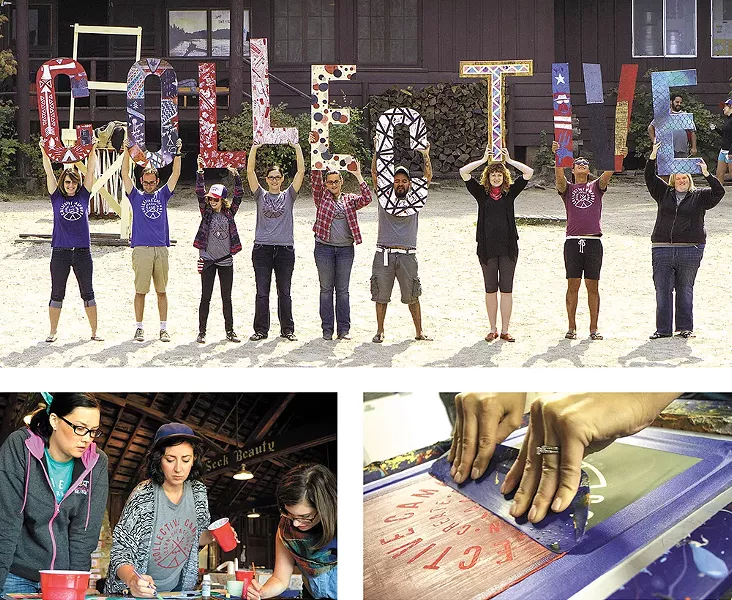 Collective campers on Lake Coeur d'Alene engaged in workshops ranging from design (bottom left) to screenprinting (bottom right). - CHAD RAMSEY AND DOUG CRABTREE PHOTOS
