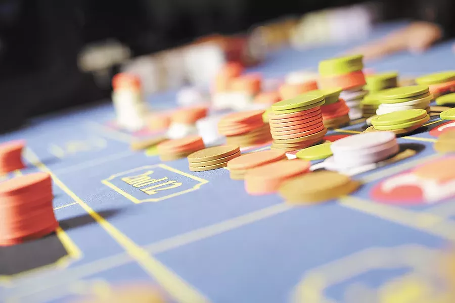 Chips stack up on the roulette table at Northern Quest Resort & Casino.