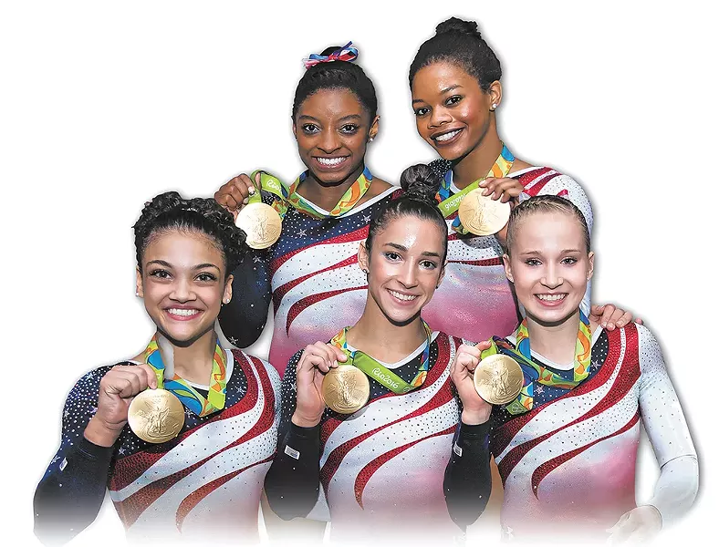 The gold medal-winning U.S. women's gymnastics team heads to Spokane next week. CLOCKWISE FROM TOP: Simone Biles, Gabby Douglas, Madison Kocian, Aly Raisman and Laurie Hernandez.