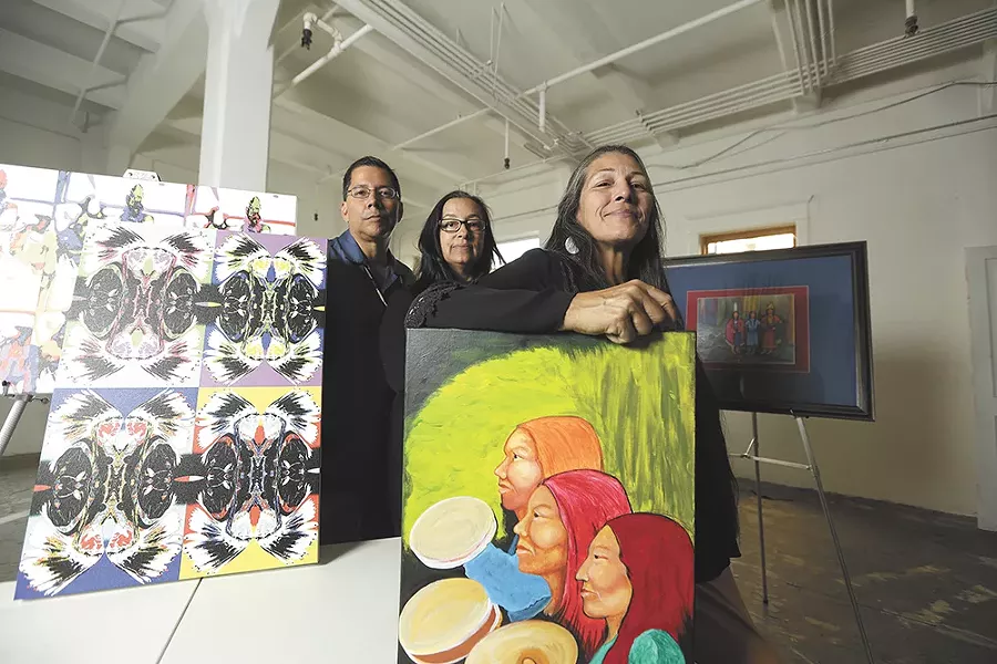 FROM LEFT: One Heart organizers Jeff Ferguson and Alix Vorhees with artist Diane Covington, whose art is featured in the show. - YOUNG KWAK