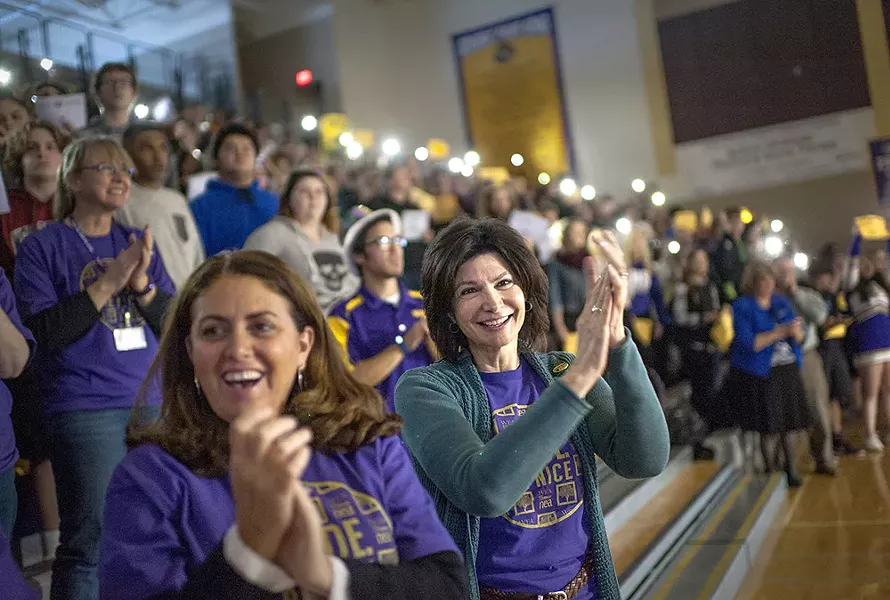 Lily Eskelsen Garcia (center), president of the nation's largest teachers union, on a visit to Roger High School last week. - NEA PHOTO