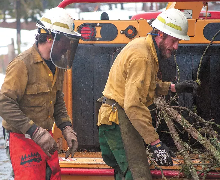 Max Leyva and Roger Holloway work with a DNR forest crew to thin trees on a property near Nine Mile Falls. - SAMANTHA WOHLFEIL