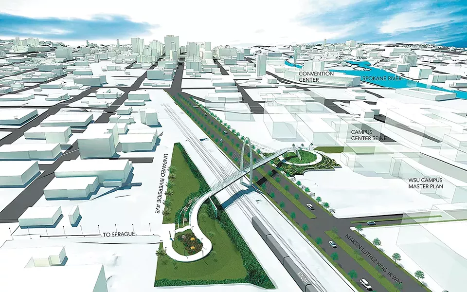 The University District Gateway Bridge, under construction now, will provide a route across the train tracks for pedestrians and cyclists. - RENDERINGS COURTESY OF CITY OF SPOKANE