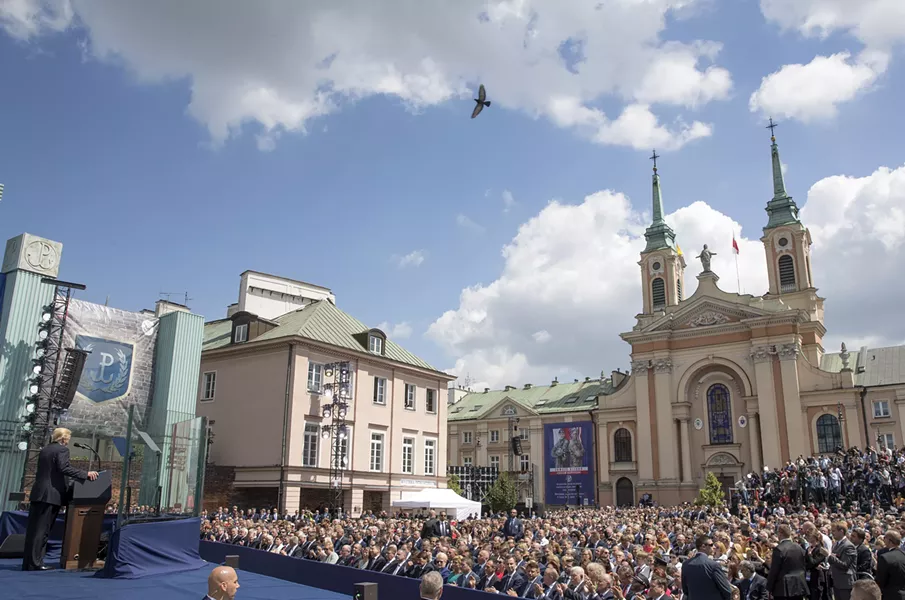 President Donald Trump delivering remarks at Krasinski Square in Warsaw, Poland, July 6, 2017. Trump is visiting Poland ahead of the G-20 meeting in Germany. - STEPHEN CROWLEY/THE NEW YORK TIMES