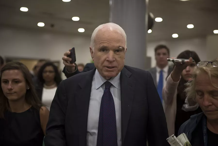 Sen. John McCain (R-Ariz.) talks to reporters after a vote on health care legislation, on Capitol Hill in Washington, July 26, 2017. McCain and six other Republicans joined Democrats in refusing to repeal major parts of the Affordable Care Act without a replacement on Wednesday; the 45-55 defeat signaled that a “clean repeal” bill cannot get through Congress. - GABRIELLA DEMCZUK/THE NEW YORK TIMES
