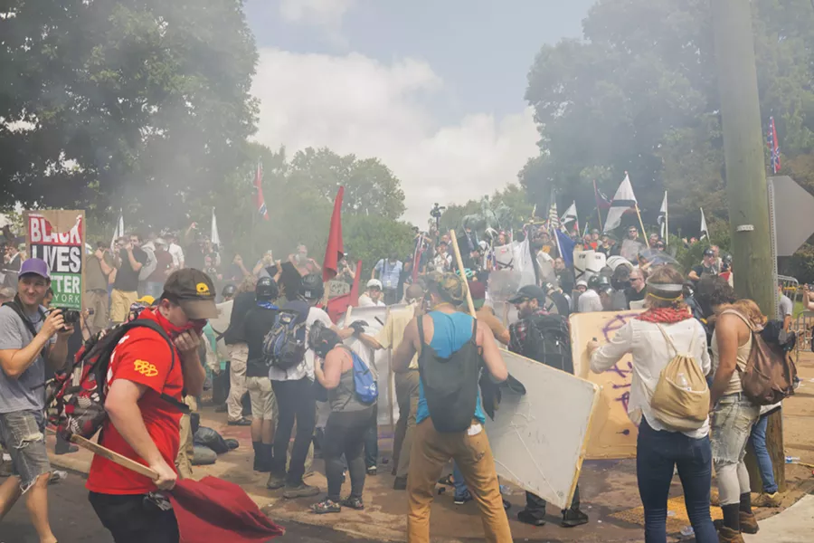Confrontations in the streets of Charlottesville, Va., where white nationalists faced counterprotestors at a planned protest, billed as a “Unite the Right” rally, Aug. 12, 2017. The demonstration, which both organizers and critics had said was the largest gathering of white nationalists in recent years, turned violent almost immediately; a car that plowed into a crowd of counterprotesters later left at least one person dead and at least 19 injured. - MATT EICH/THE NEW YORK TIMES
