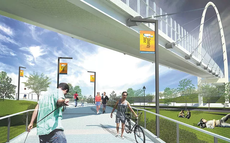 The Gateway Bridge is expected to open in September 2018. The Catalyst project (inset) aims to bring more health care businesses to the University District.