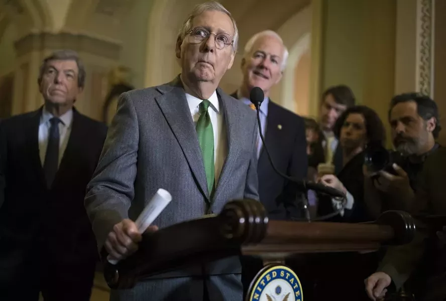 Senate Majority Leader Mitch McConnell (R-Ky.) during a weekly news conference on Capitol Hill on Tuesday, Dec. 12, 2017. House and Senate Republicans have reached an agreement, in principle, on a consensus tax bill on Wednesday, keeping the party on track for final votes next week with the aim of delivering a bill to President Trump’s desk by Christmas, according to people briefed on the deal. - TOM BRENNER/THE NEW YORK TIMES