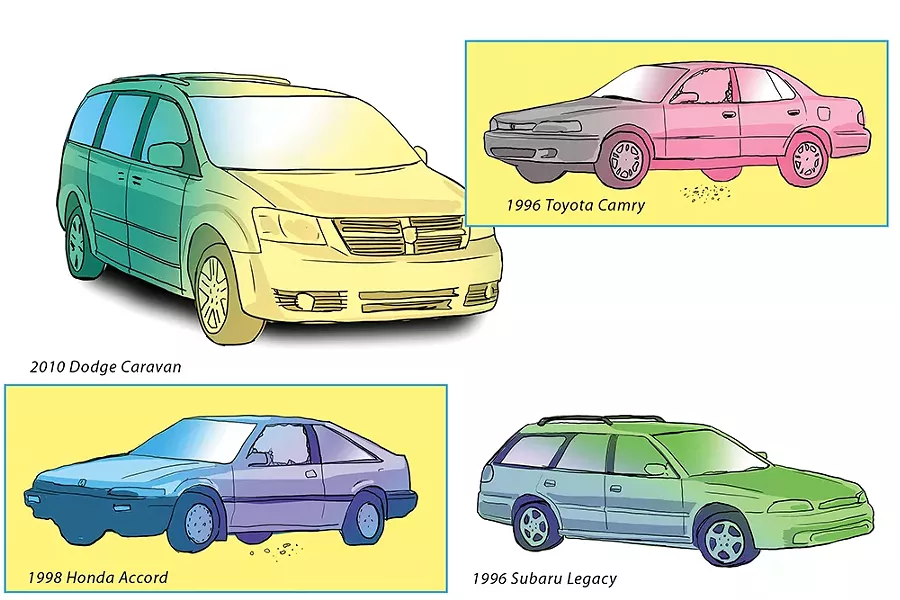 Mid-'90s Hondas, Toyotas and Subarus are among the most commonly stolen vehicles in Spokane. - CALEB WALSH ILLUSTRATION