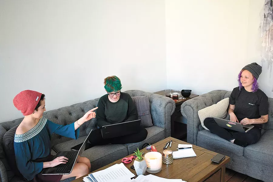 Middle schoolers Tula Webber (left), Clara DePaolo and Abby Baker prepare speeches for their March 14 walkout honoring the Florida school-shooting victims. - WILSON CRISCIONE