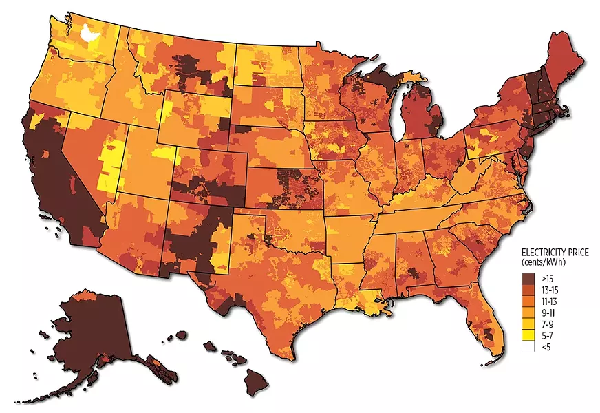 Annual average electricity rates by utility service territory. The map combines data provided by ABB Energy Velocity Suite and state averages reported by EIA. - BILLY J. ROBERTS/DEPARTMENT OF ENERGY ILLUSTRATION