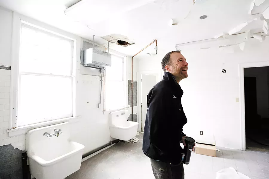 Denton Meier and his partners are remodeling a former funeral home — including the embalming room pictured above — to house their tech companies and hope to mine for Bitcoin in the basement. - YOUNG KWAK