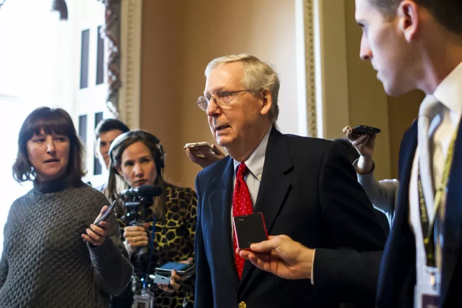 Senate Majority Leader Mitch McConnell (R-Ky.) speaks with reporters on Capitol Hill in Washington, Dec. 1, 2017. Republican leaders said on Friday that they have enough votes to pass the Republican tax bill along party lines after last-minute changes brought wavering senators on board. - JUSTIN GILLILAND/THE NEW YORK TIMES