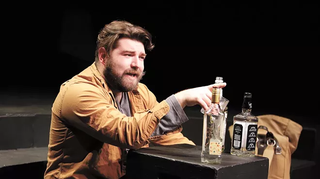 Robert Tombari (the Poet) runs through lines in An Iliad at Stage Left Theater.