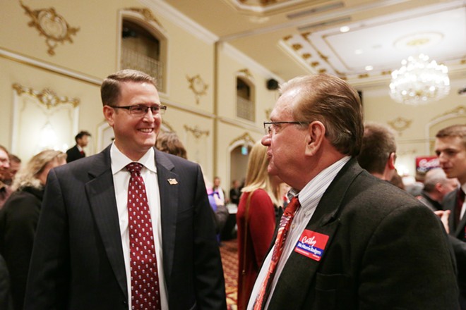 Washington state Rep. Matt Shea (R), left, and Spokane County Republican Party Chair Dave Moore speak. - YOUNG KWAK
