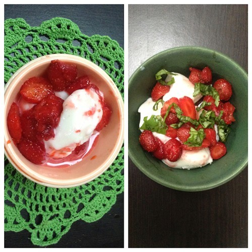 Frozen yogurt with macerated strawberries, for kids (left) and adults (right).