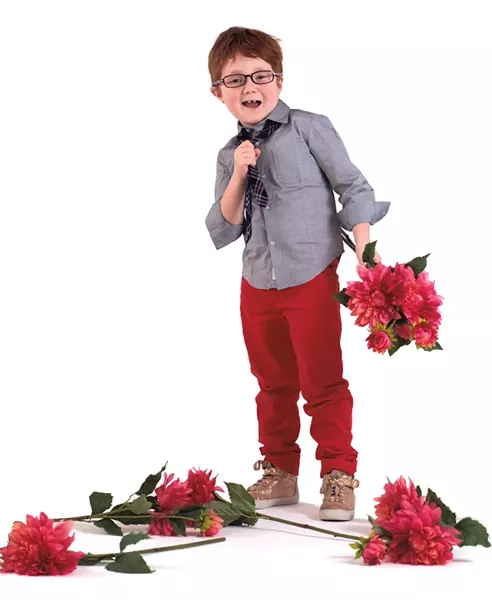 On Lincoln: Appaman grey shirt, $48. Appaman plaid tie, $27. Mayoral red jeans, $35 at Little Citizen. Shoes, model's own.