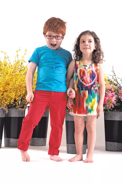 On Lincoln: New Duds anchor tee, $20. Mayoral red jeans, $35 at Little Citizen. On Lienna: Little Miss multicolored romper, $58 at Little Citizen.