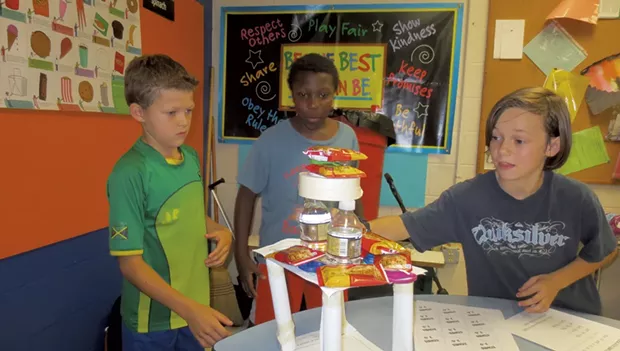 Hardwick students with their weight-bearing tower - COURTESY OF BRETT STANCIU
