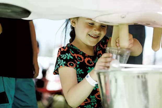 Brielle Goodwin, 5, of Sheldon, get her turn at the milking machine. - SAM SIMON