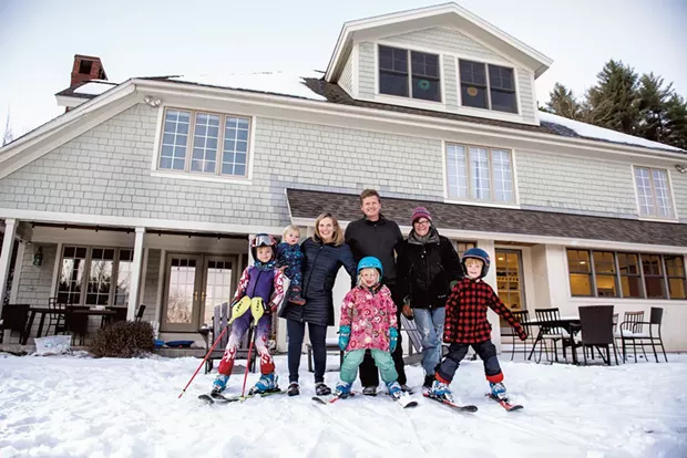 Roger and Jenny Brown with kids (from left to right) Charlie, 7, Petey, 1, Sydney, 5, and Mickey, 5, and Roger's mom, Marilyn Cochran Brown, at their home in Richmond - SAM SIMON