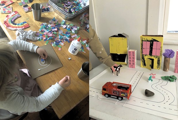 Left: Collage is an easy and adaptable activity; Right: Build a tabletop city with recycled material - MEREDITH BAY-TYACK
