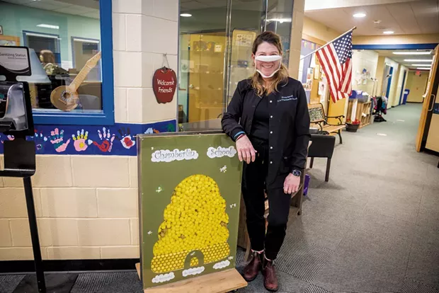 Kerry Farrell in the lobby of the Gertrude Chamberlin School in South Burlington - CAT CUTILLO