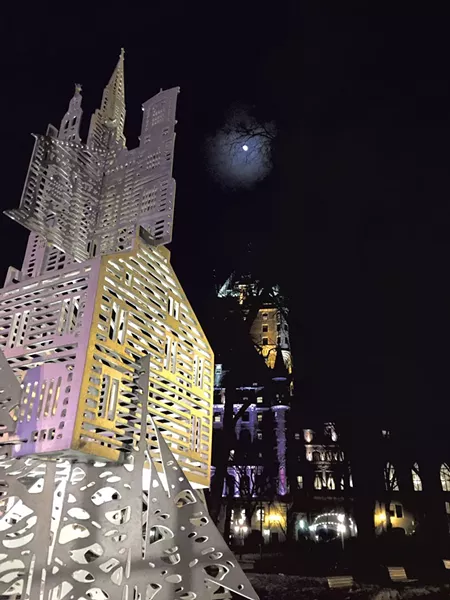 A modern sculpture by Luce Pelletier outside the Frontenac