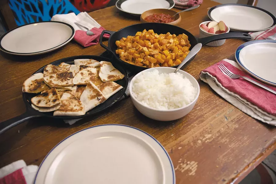 Dinner of roasted veggies and quesadillas - SAM SIMON