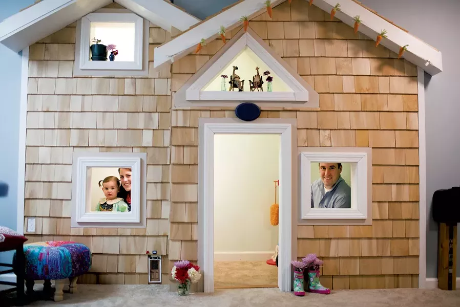 Meghan, Hatley and Josh inside the basement playhouse - CALEB KENNA