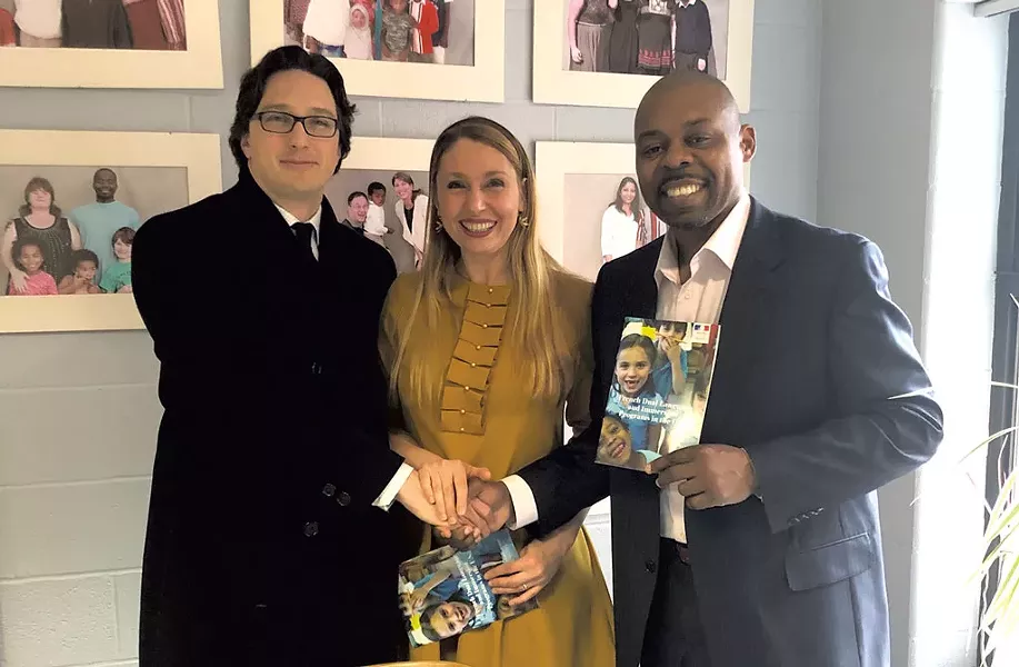 BSD Superintendent Yaw Obeng (right) with French Consul General Arnaud Mentré and K-12 Education Officer Edit Dibra