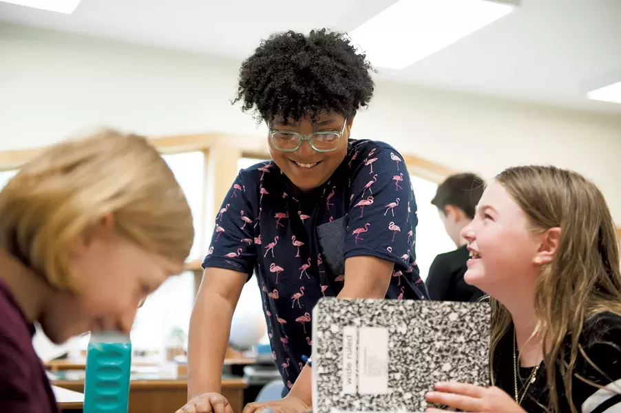 Lake Champlain Waldorf School students Maggie Goff, Sebastien Mateo Baker-Djele and Juliette Macon (left to right), during a Cyber Civics lesson last school year - COURTESY OF CYBER CIVICS