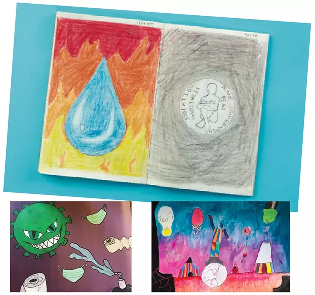Clockwise from top : Drawing by Ana S. of Burlington High School; "Circus" by Xavier P. of Winooski Middle School; toilet paper coronavirus art by Mirium R. of Edmunds Middle School