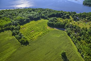 An aerial view of Fort Ticonderoga's corn maze
