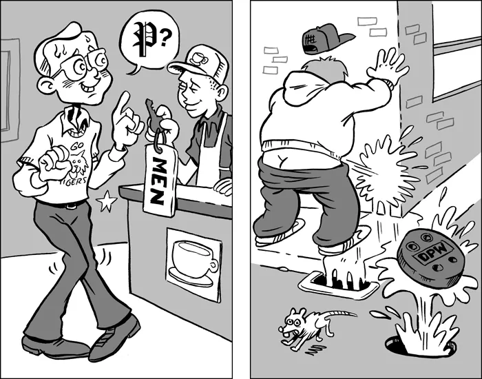 Dainty politely inquires at a local business about using the restrooms. Doofus whips out his dingle and urinates for two full minutes on Woodward Avenue. - ILLUSTRATION BY SEAN BIERI.